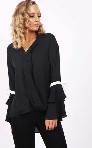 Ribbon Detail Sleeve Floaty Wrap Front Top
