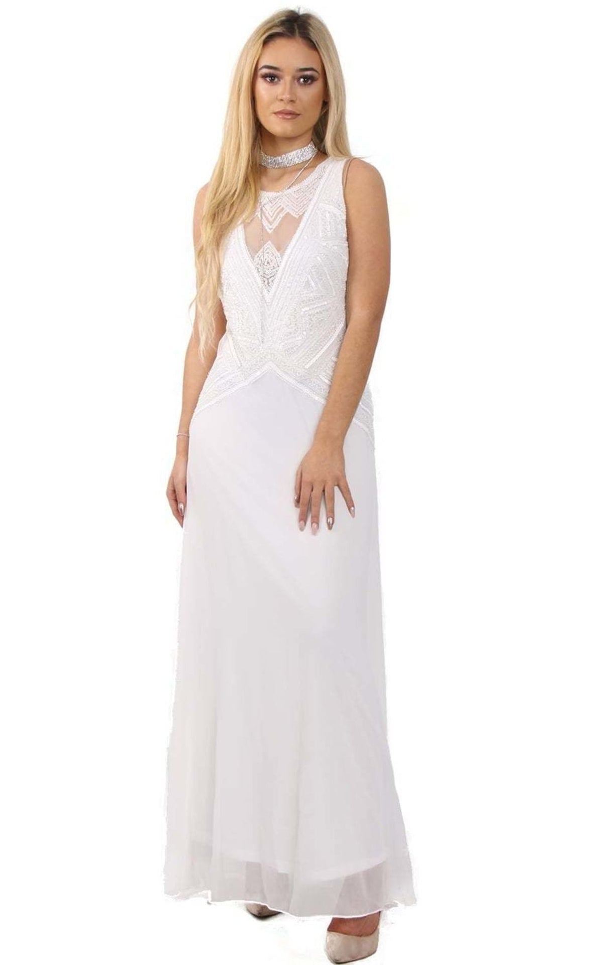 Navy Mesh Embelished Bodice Chiffon Prom Dress