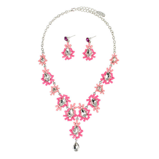 Floral Stones Necklace Set - Pink