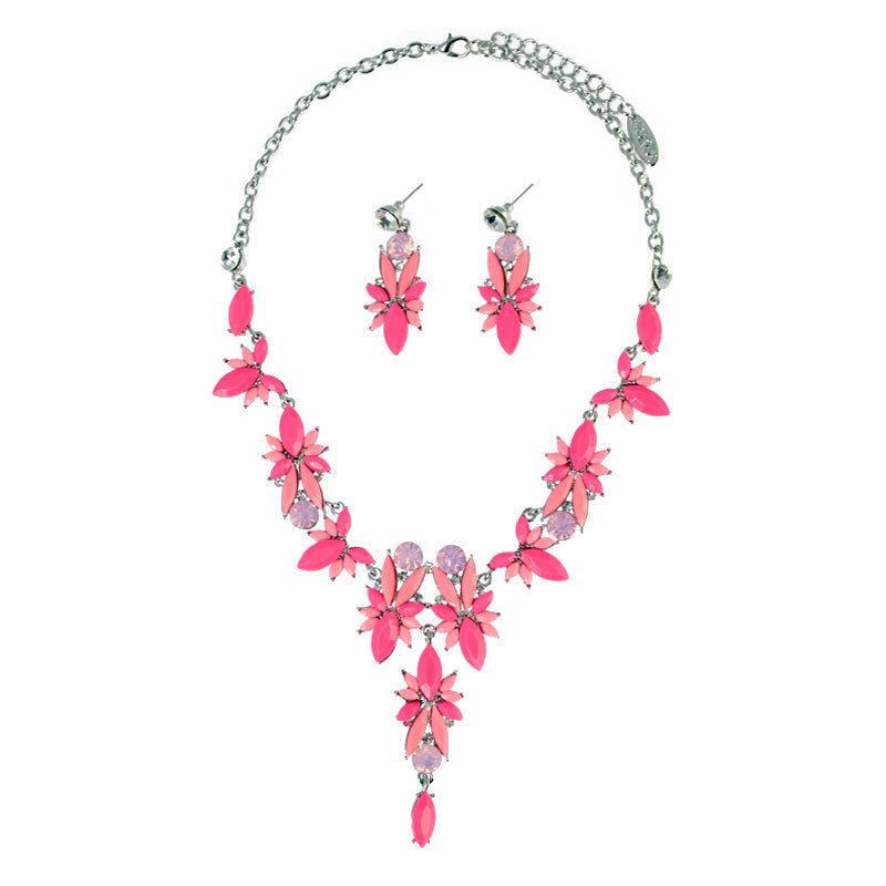 Floral Petal Drop Necklace Set - Pink