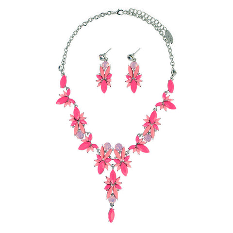 Floral Petal Drop Necklace Set - Pink