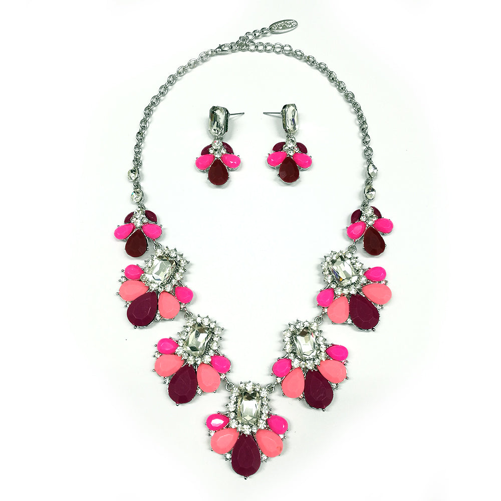 Flower Petals and Stones Necklace Set - Pink