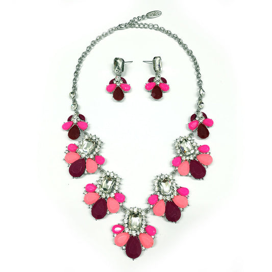 Flower Petals and Stones Necklace Set - Pink