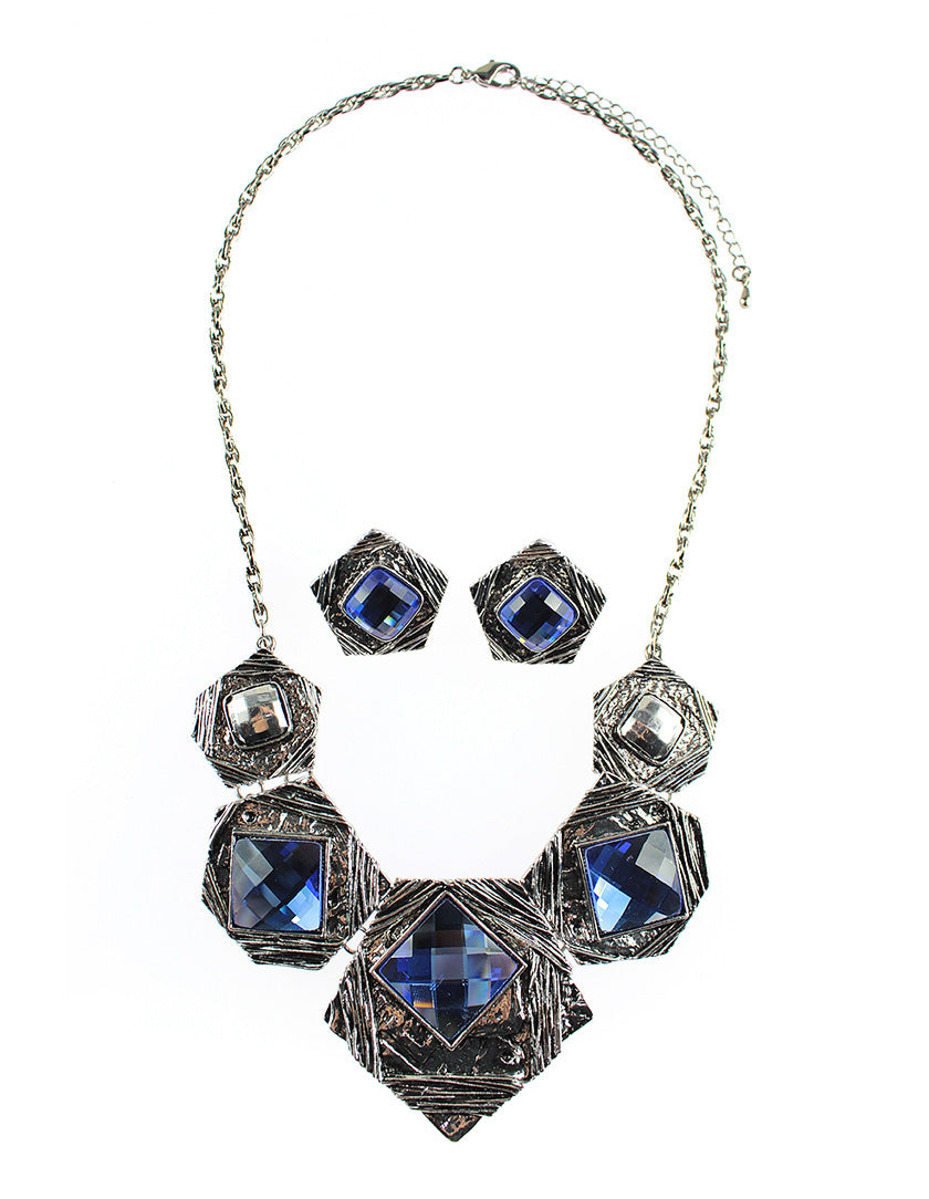 Pentagon Shield Shaped Necklace Set - Blue