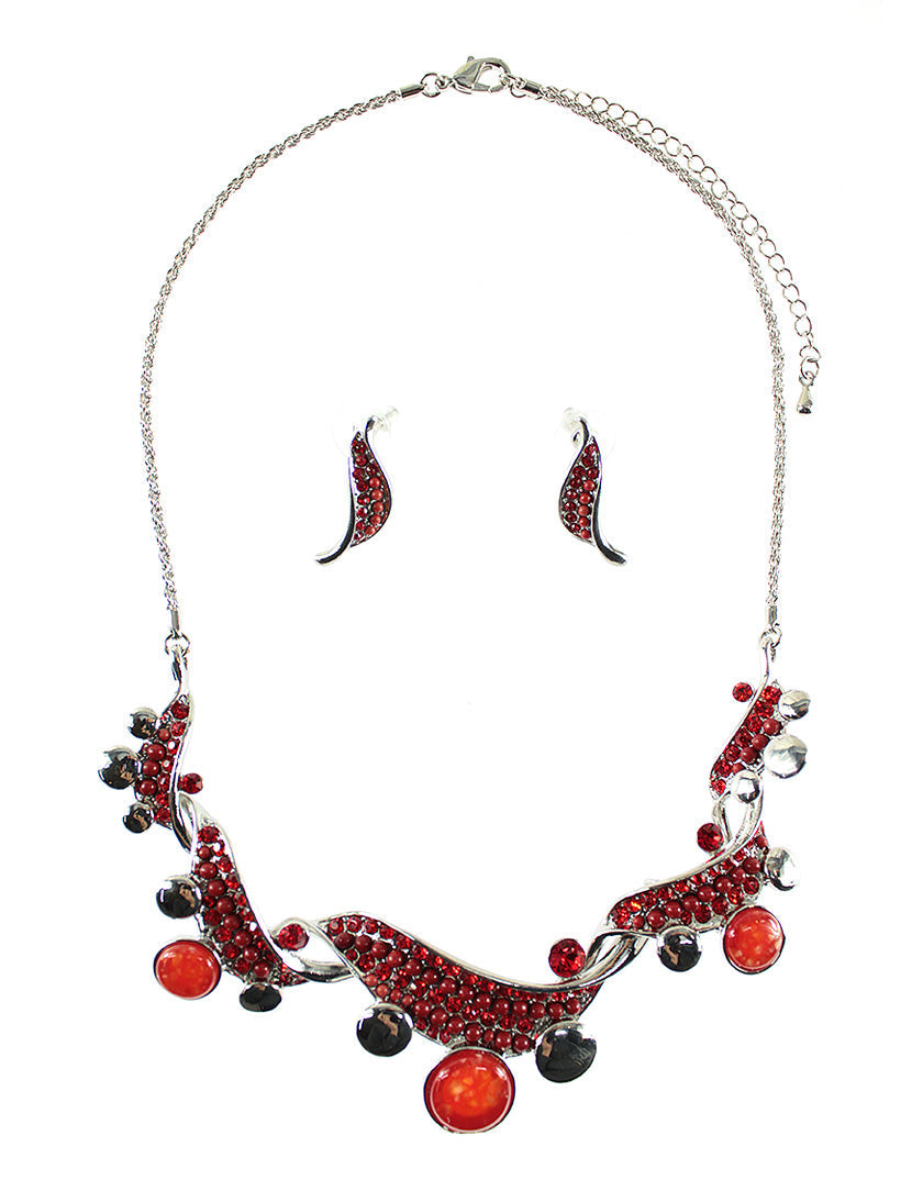 Twist Effect Embellished Necklace Set - Red