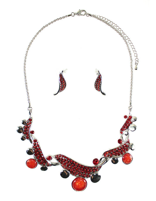 Twist Effect Embellished Necklace Set - Red