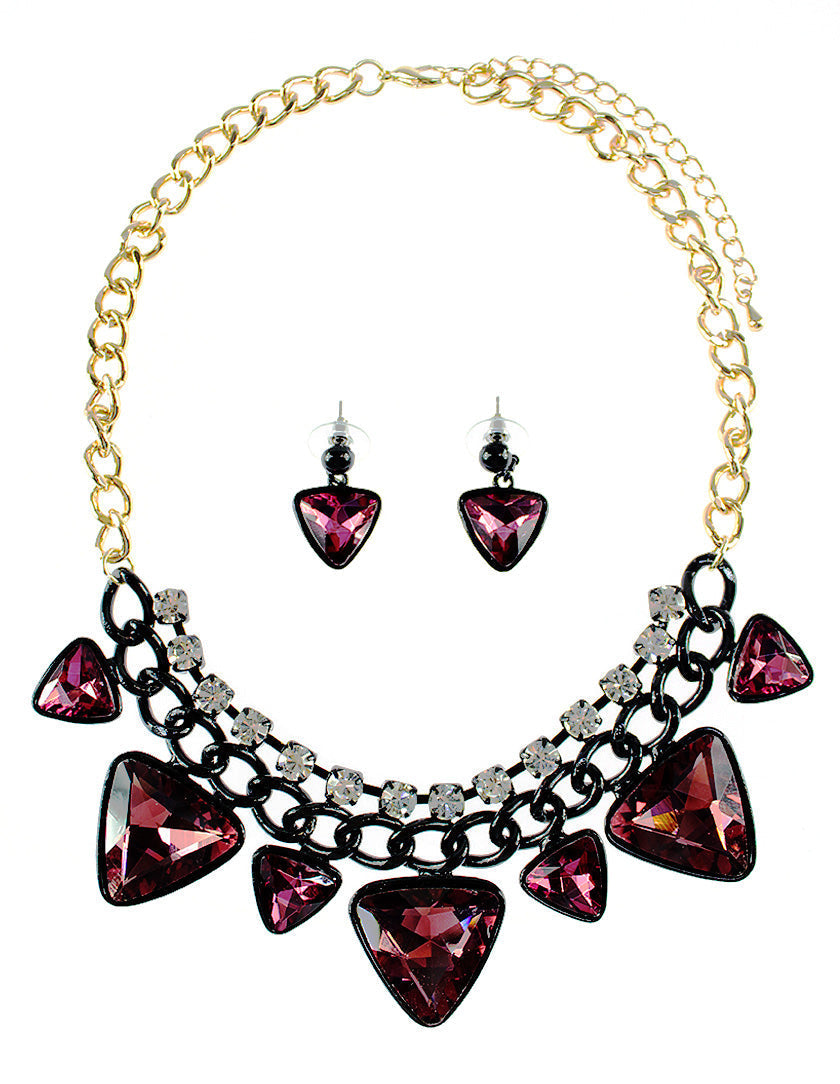 Triangle Stone Chain Necklace Set - Purple