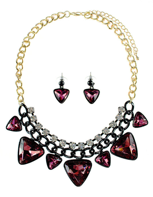 Triangle Stone Chain Necklace Set - Purple
