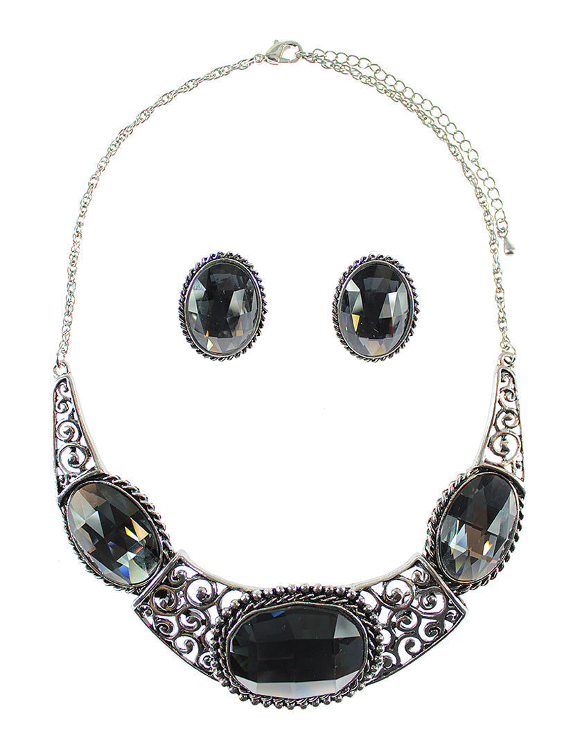 Vintage Large Oval Stone Collar Necklace Set - Grey