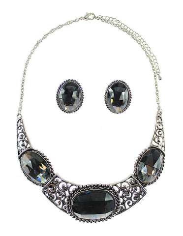 Vintage Large Oval Stone Collar Necklace Set - Grey