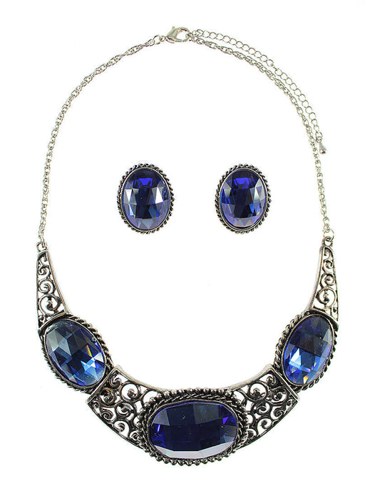 Vintage Large Oval Stone Collar Necklace Set - Blue