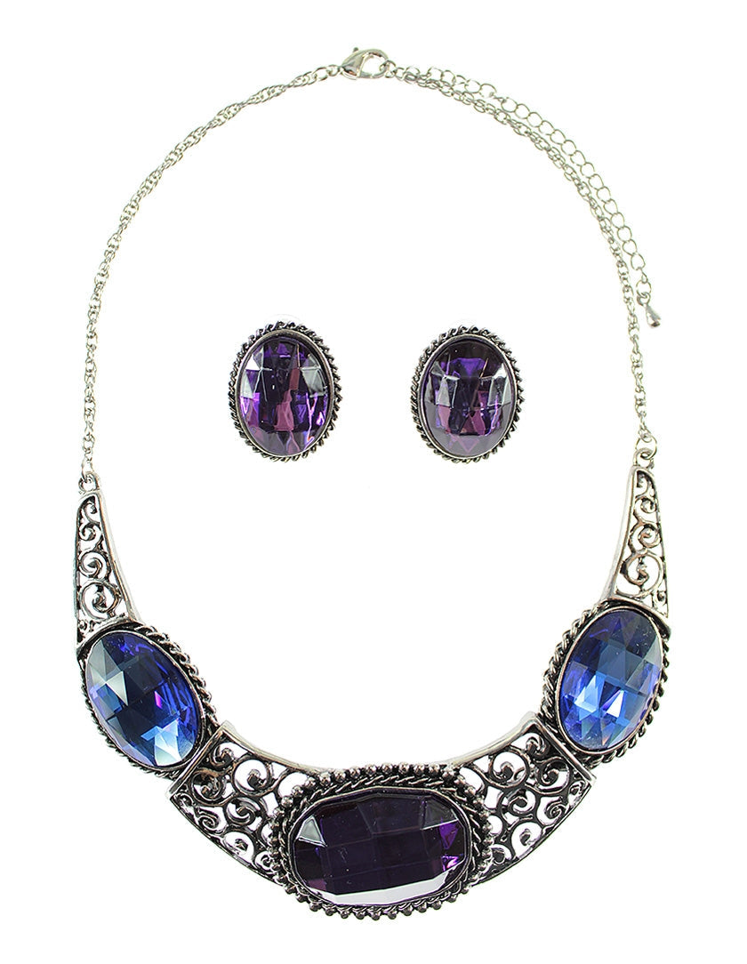 Vintage Large Oval Stone Collar Necklace Set - Multi
