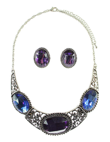 Vintage Large Oval Stone Collar Necklace Set - Multi