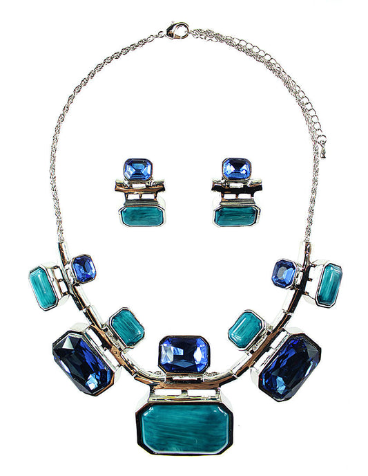 Octagon Shape Gem Necklace Set - Blue