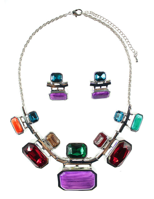 Octagon Shape Gem Necklace Set - Multi
