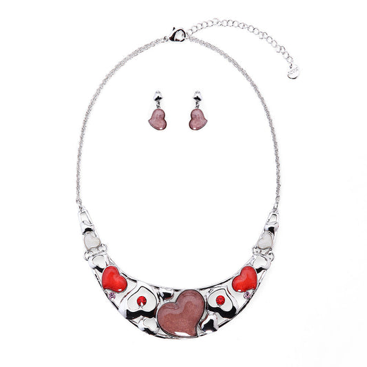 Enthralling Red Heart Necklace Set - Silver-Red